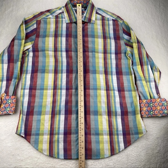 Robert Graham Shirt Mens XL Floral Orange Gingham Multicolored Flip Cuff Button - Picture 5 of 12